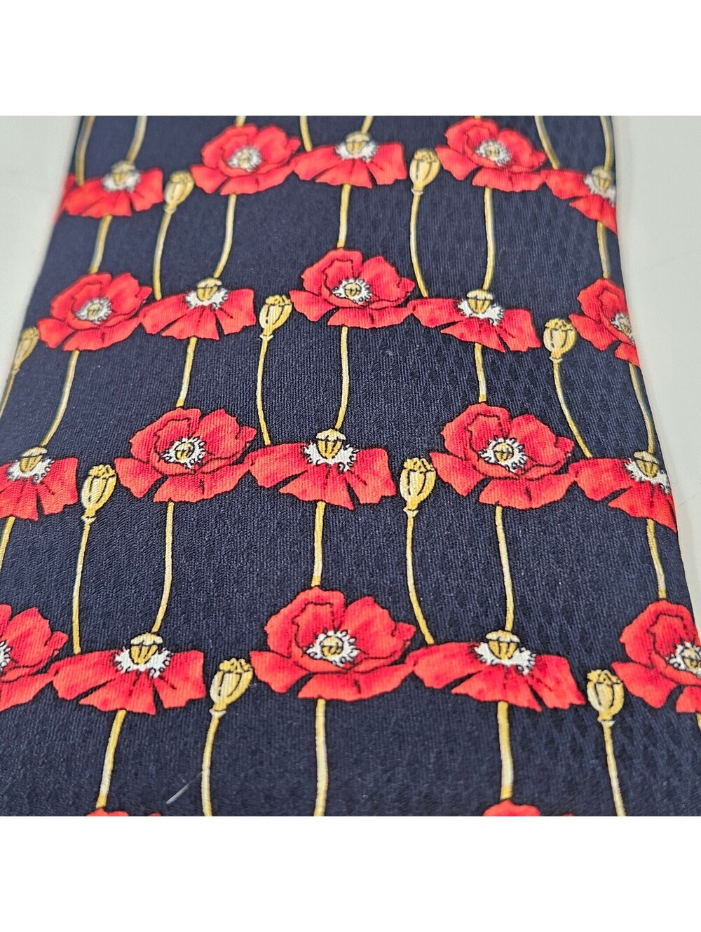 Vintage Remembrance Day Sazzari Poppy Floral Silk Tie Black Red Gold 55"x4"Italy